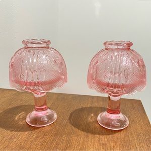 pink depression glass fairy lamp pair